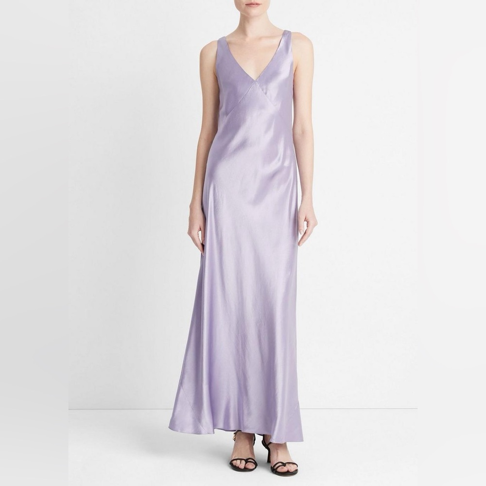 Vince Satin V-Neck Bias Maxi Dress - Wisteria Lilac L